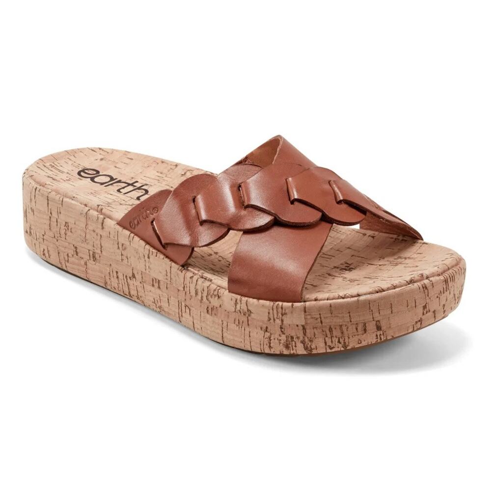 NIB Earth Scotti 8.5M Wedge Platform Comfort Leather Slide Sandals Dark Natural - Picture 12 of 12